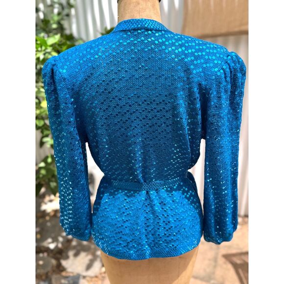 VTG 1980s St. John Sky Blu Round Metallic Paillettes Belted LS Wrap Sweater SZ M - Picture 12 of 13